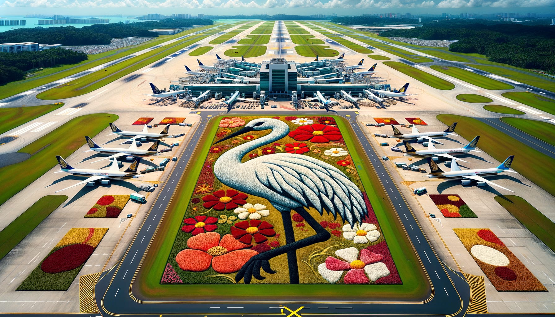 Aerial drone view of a massive brand logo rendered in living flower mosaic near airport runway, visible from aircraft approach path