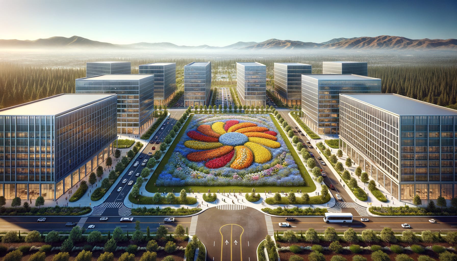 Aerial drone view of a corporate campus headquarters with a massive living flower logo spanning the entire front lawn