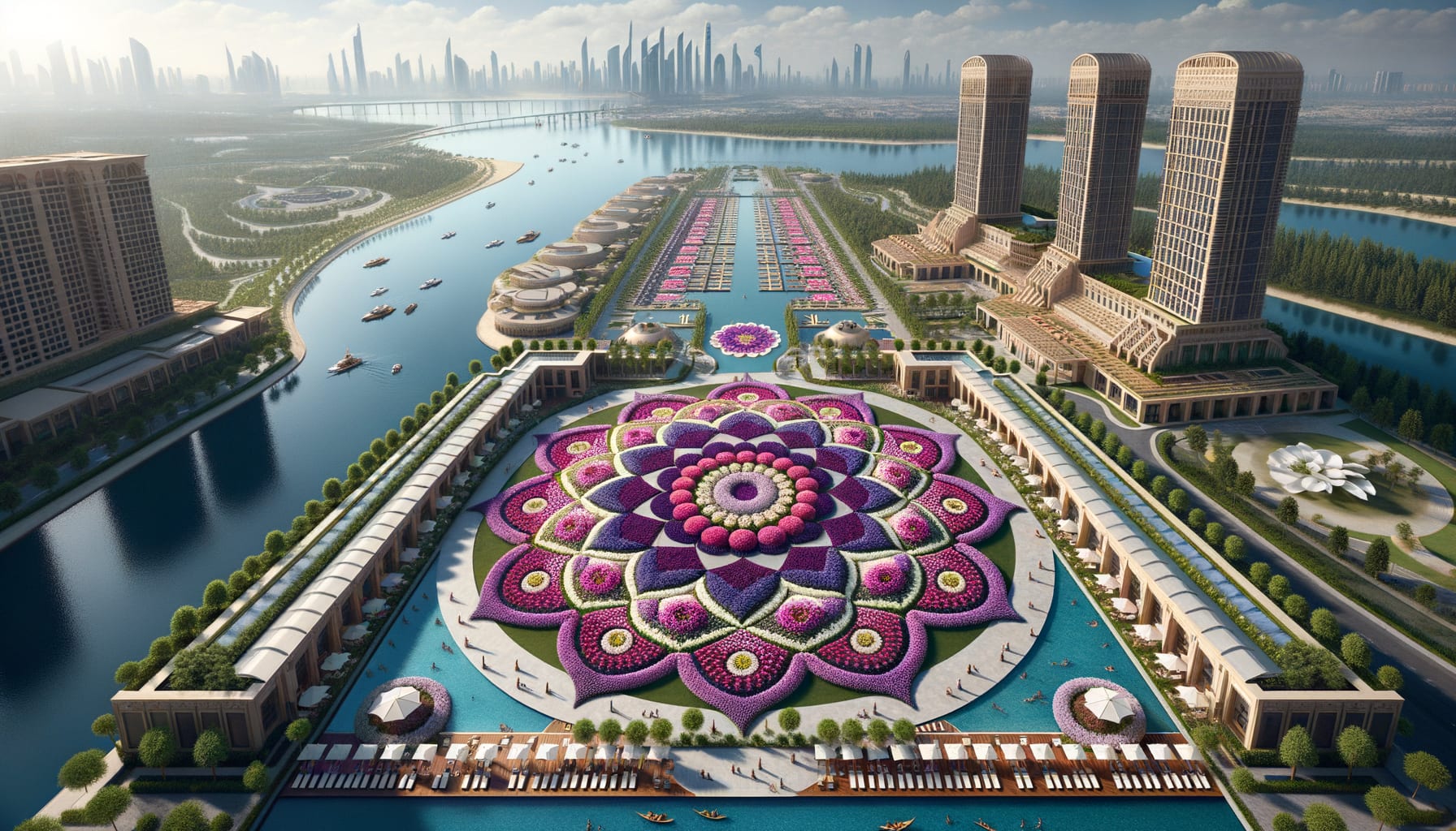 Aerial drone view of spectacular floral mandala installation surrounding a luxury tropical resort